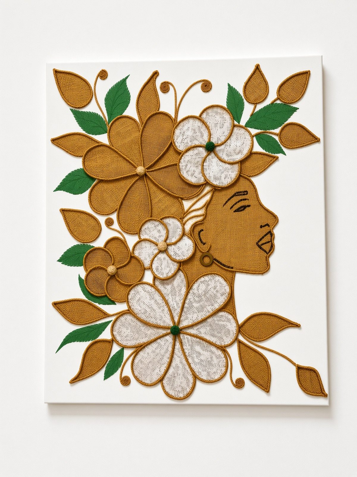 Textilkunst mit Frauenprofil und Blumen